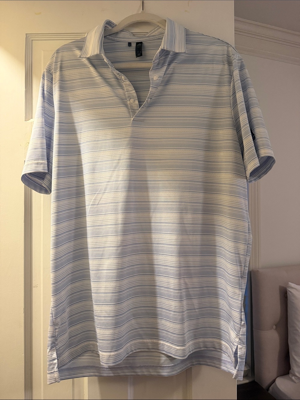 adidas Men's Light Blue and White Striped Button-Down Polo